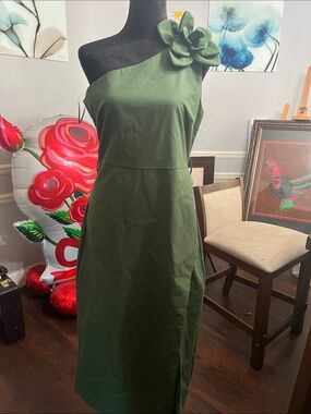 One-Shoulder Olive Green Dress with Shoulder Flower Detail